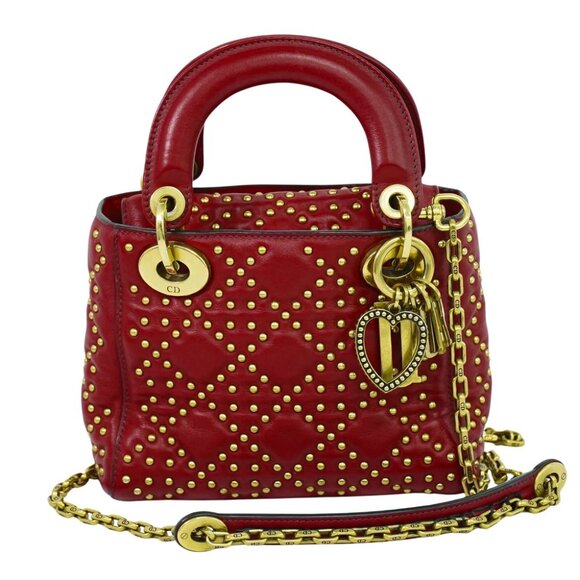 Christian Dior Lady Studs Leather 2way Shoulder Handbag Red Gold - Picture 1 of 10